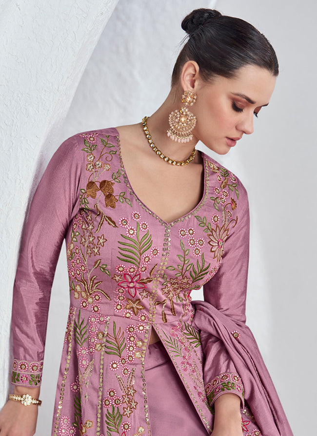 Lavender Multi Embroidery Slit Style Anarkali Lehenga